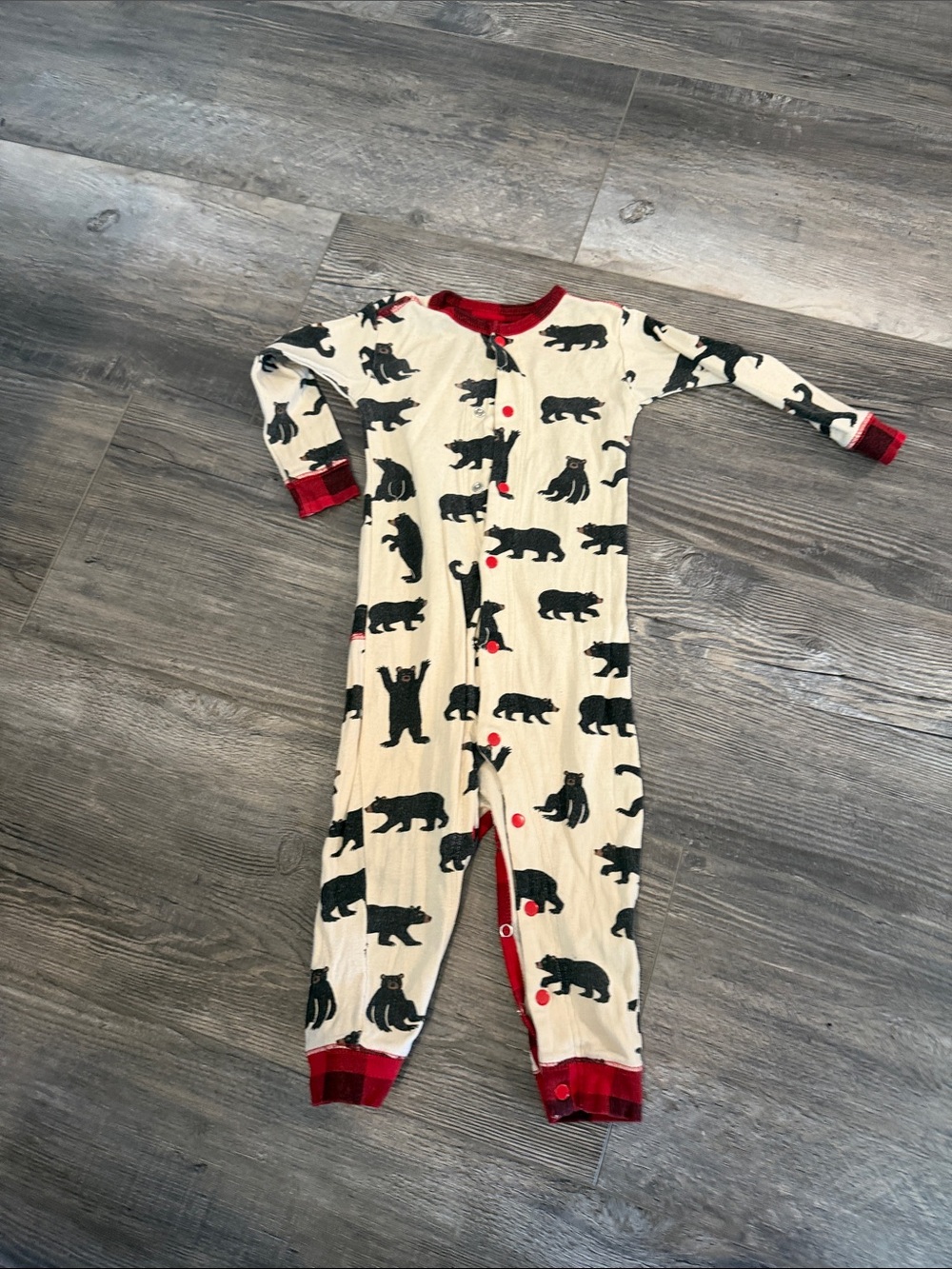 Little Blue House Cream Bear Print Baby Footless Sleeper with Red Trim